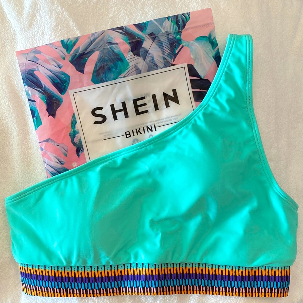 SHEIN CONTRAST TRIM ONE SHOULDER BIKINI SWIMSUIT IN MINT BLUE